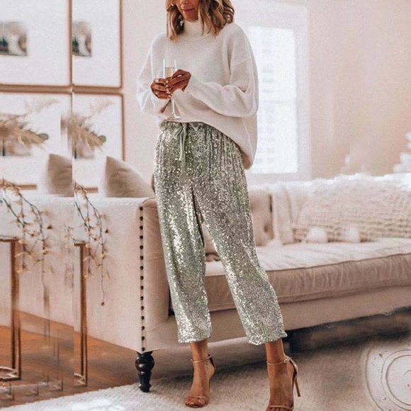 Women’s Silver Sequin Drawstring Crop Trousers various - Picture 4 of 4